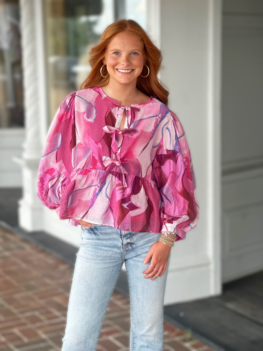 Bow Ties Peplum Floral Top in Hot Pink Mix