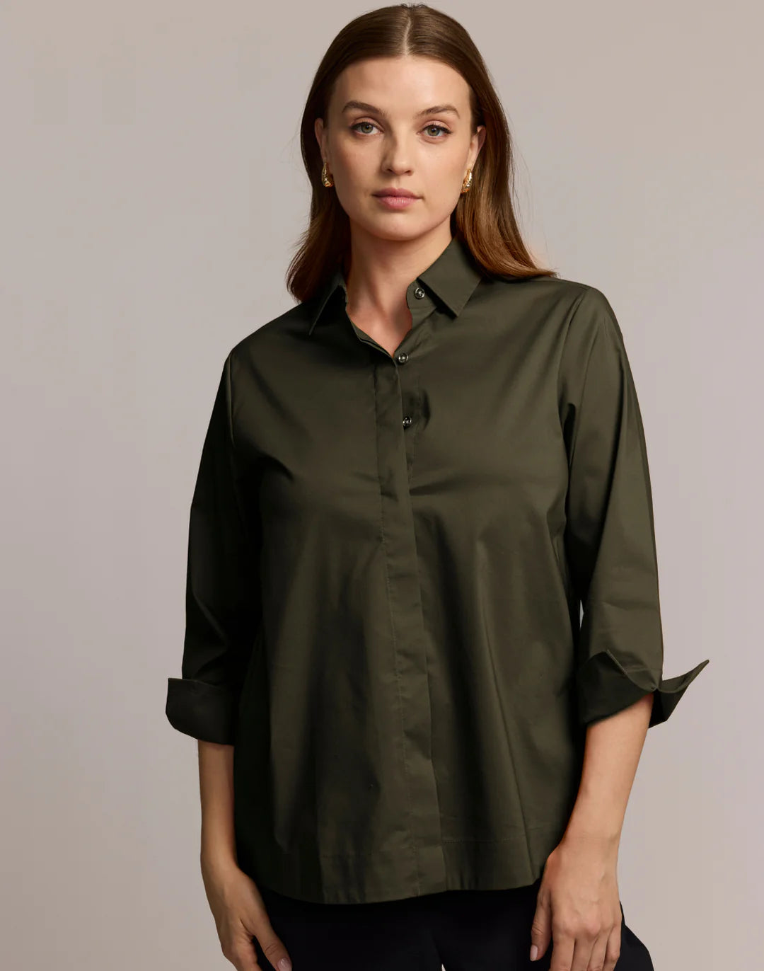 Hinson Wu Xena 3/4 Sleeve Zip Back Shirt in Oregano