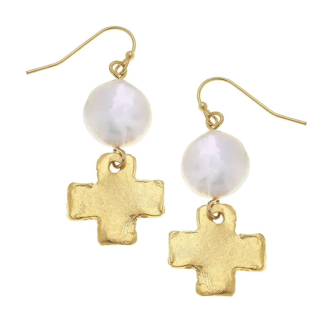 Susan Shaw Coin Pearl + Gold Cross Drop Earrings