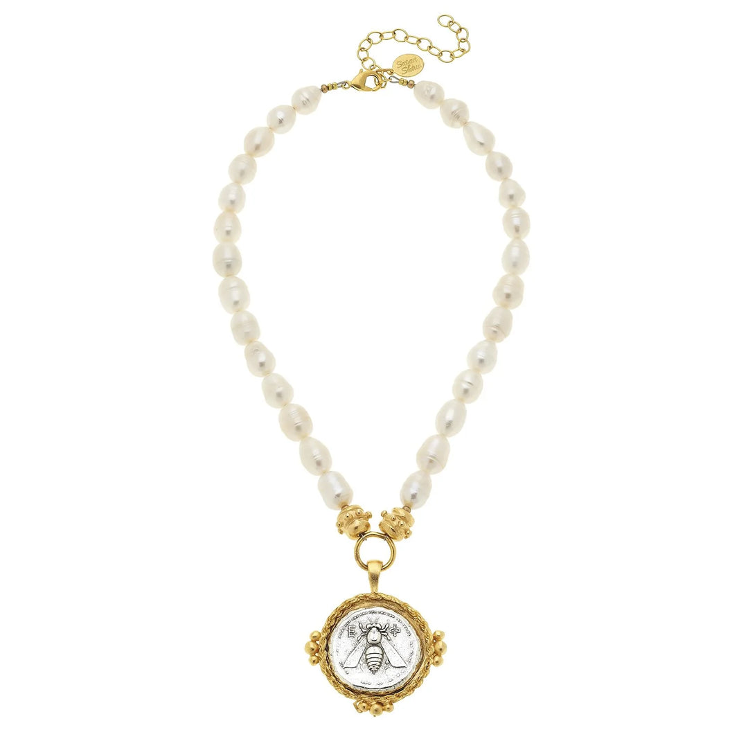 Susan Shaw Roman Bee Coin Pearl Necklace