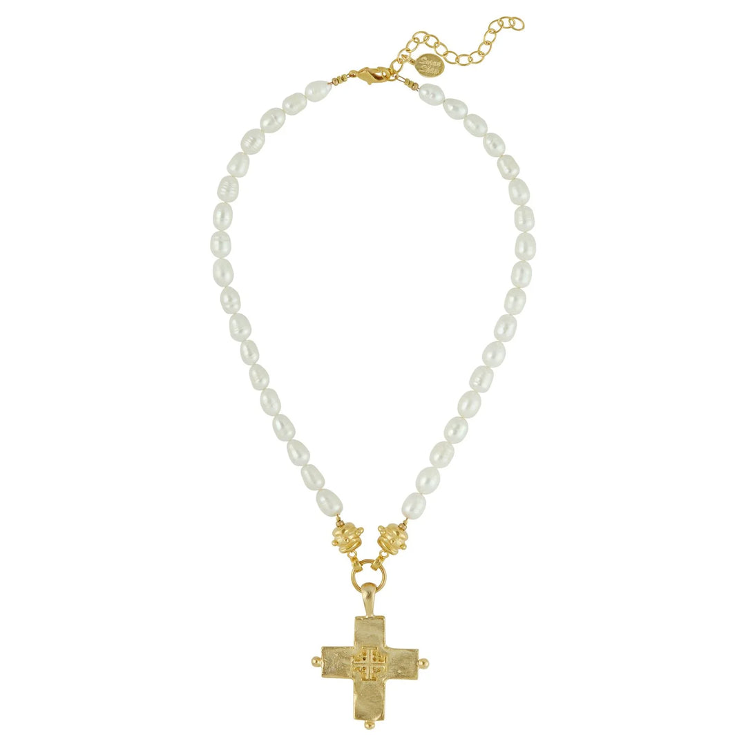 Susan Shaw Jerusalem Double Cross Pearl Necklace