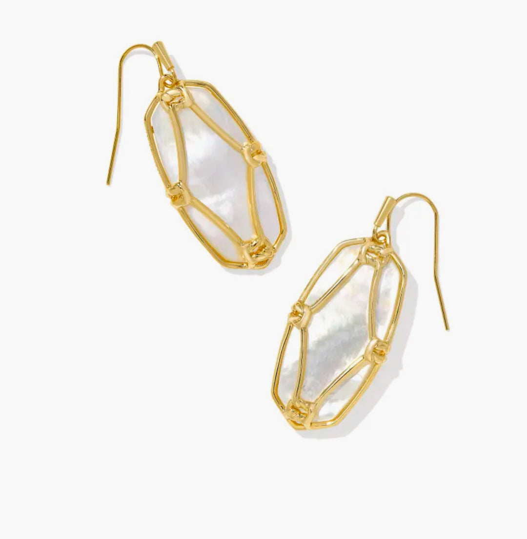 Kendra Scott Elle Lattice Frame Drop Earrings in Gold Ivory Mother Of Pearl