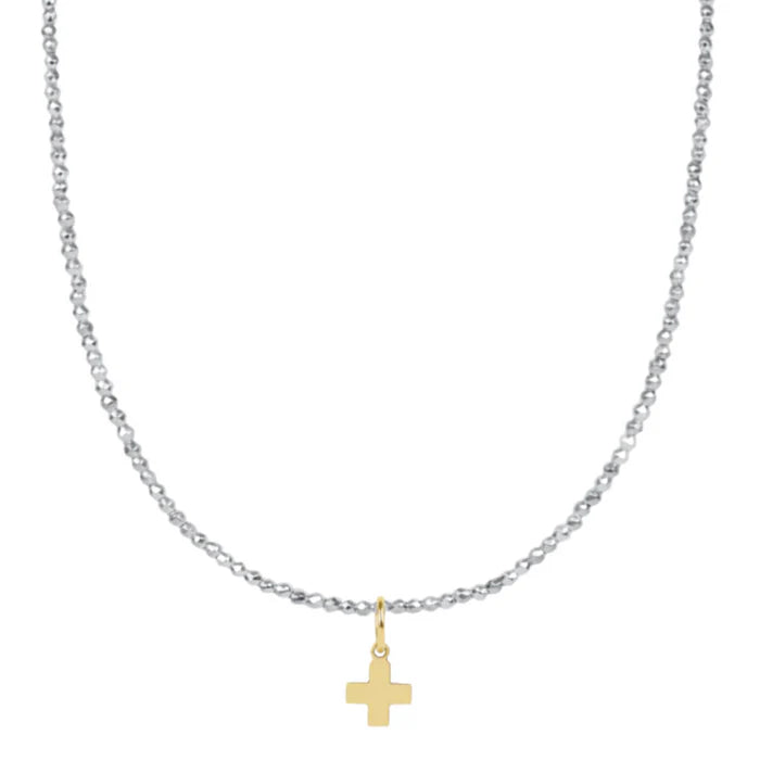 enewton 17" Choker Bright Silver Faceted Hematite 2mm Signature Cross Gold Charm