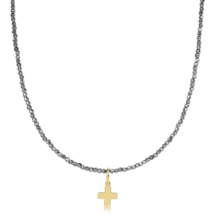 enewton 17" Choker Silver Faceted Hematite 2mm Signature Cross Gold Charm