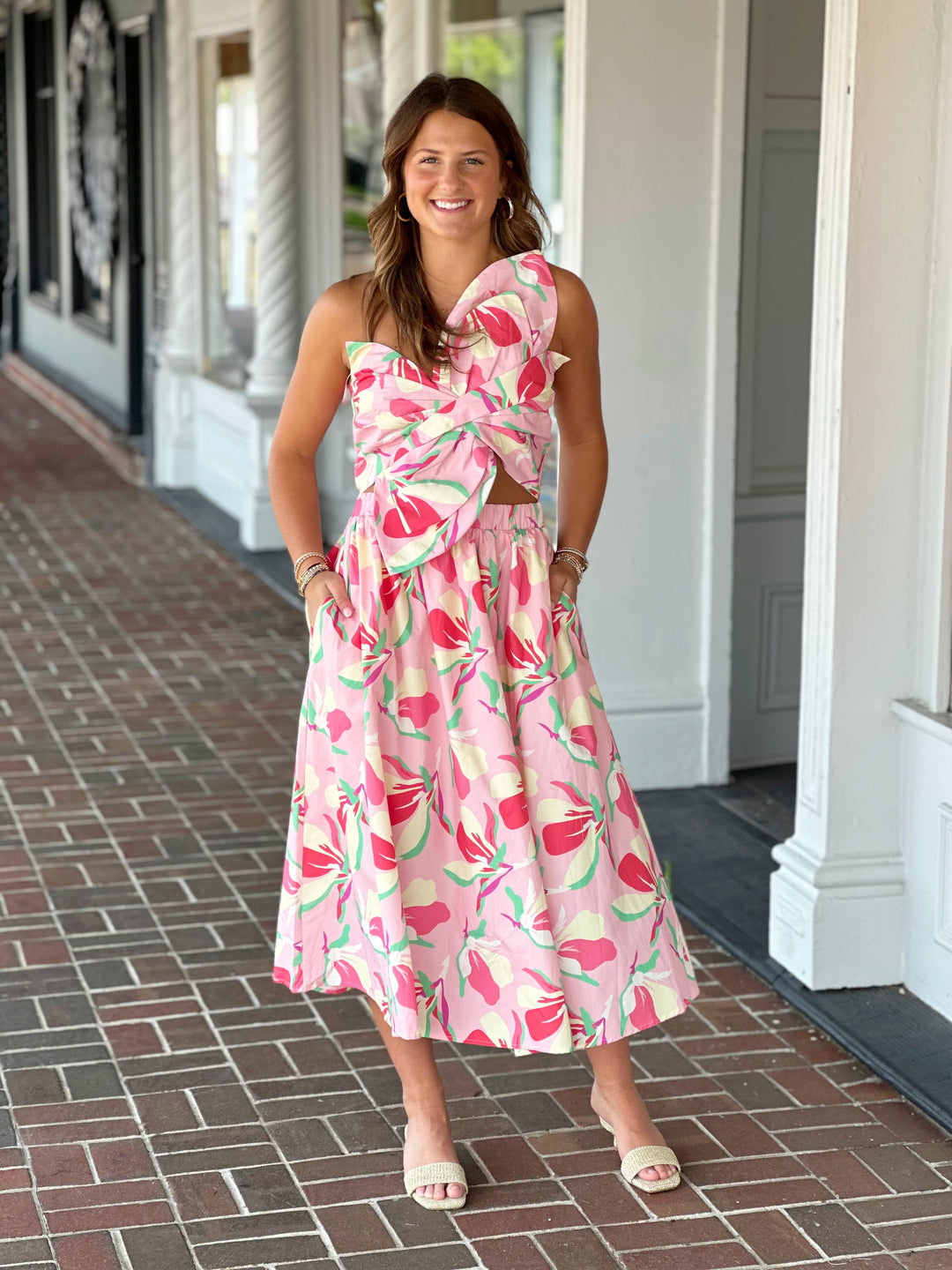 Printed Pink Knotted Flower Bow Midi Dress