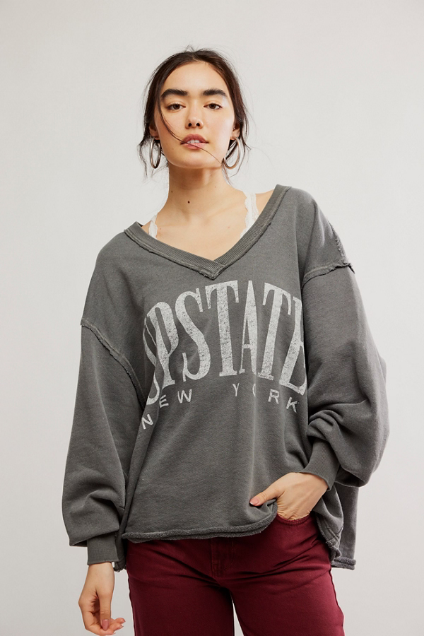Free People WTF Venice V Neck Graphic Top in Washed Black