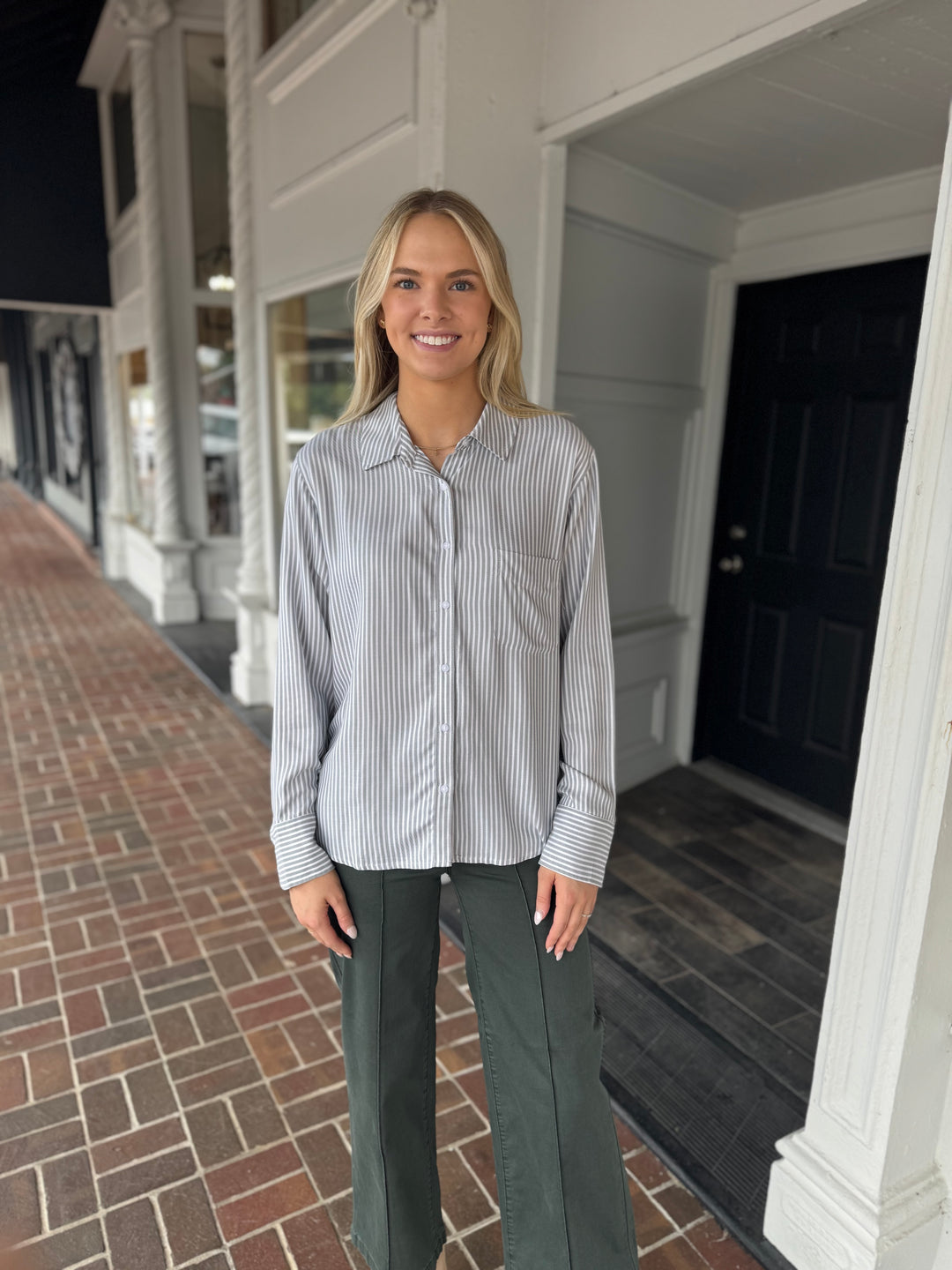 Kenna Stripe Button Down Shirt in Olive White