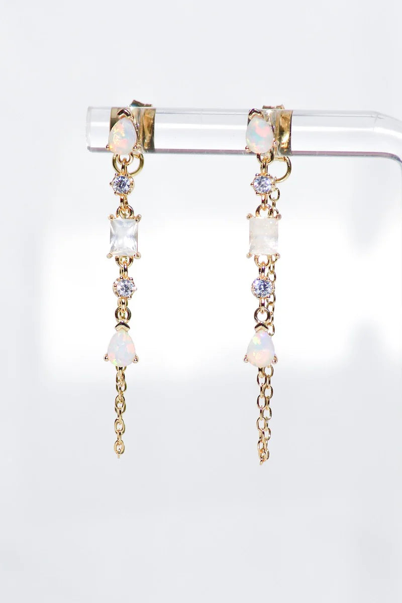Native Gem Droplet Chain Earrings in White Opal