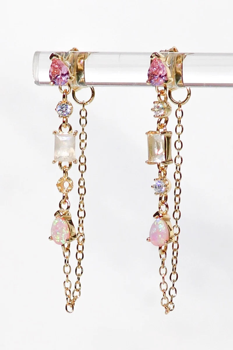 Native Gem Droplet Chain Earrings in Pink Opal