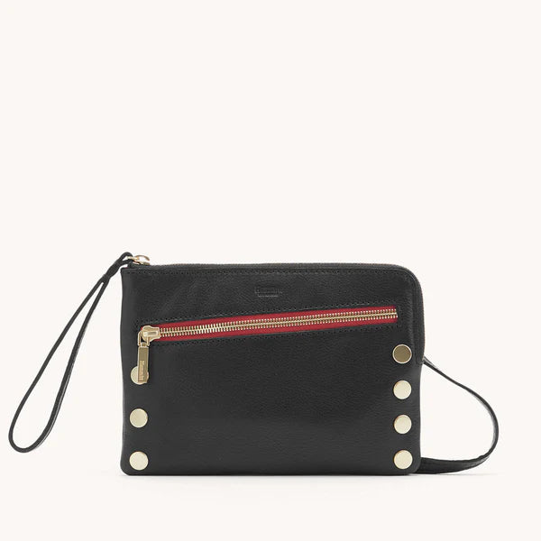 Hammitt Nash Small Clutch in Black/Brushed Gold Red Zip
