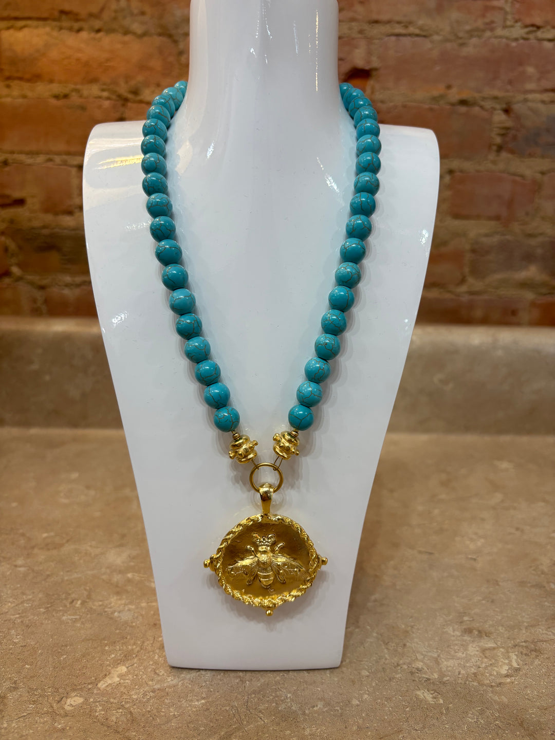 Susan Shaw Gold Bee + Turquoise Necklace