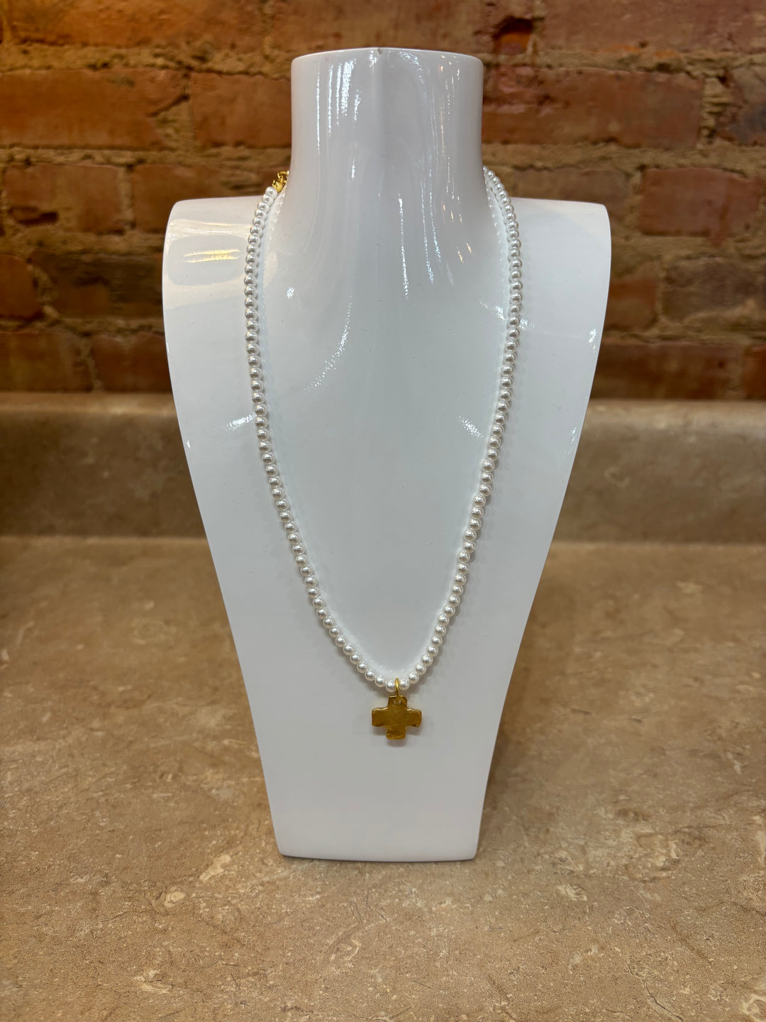 Susan Shaw Gold Cross + Pearl Beaded Necklace