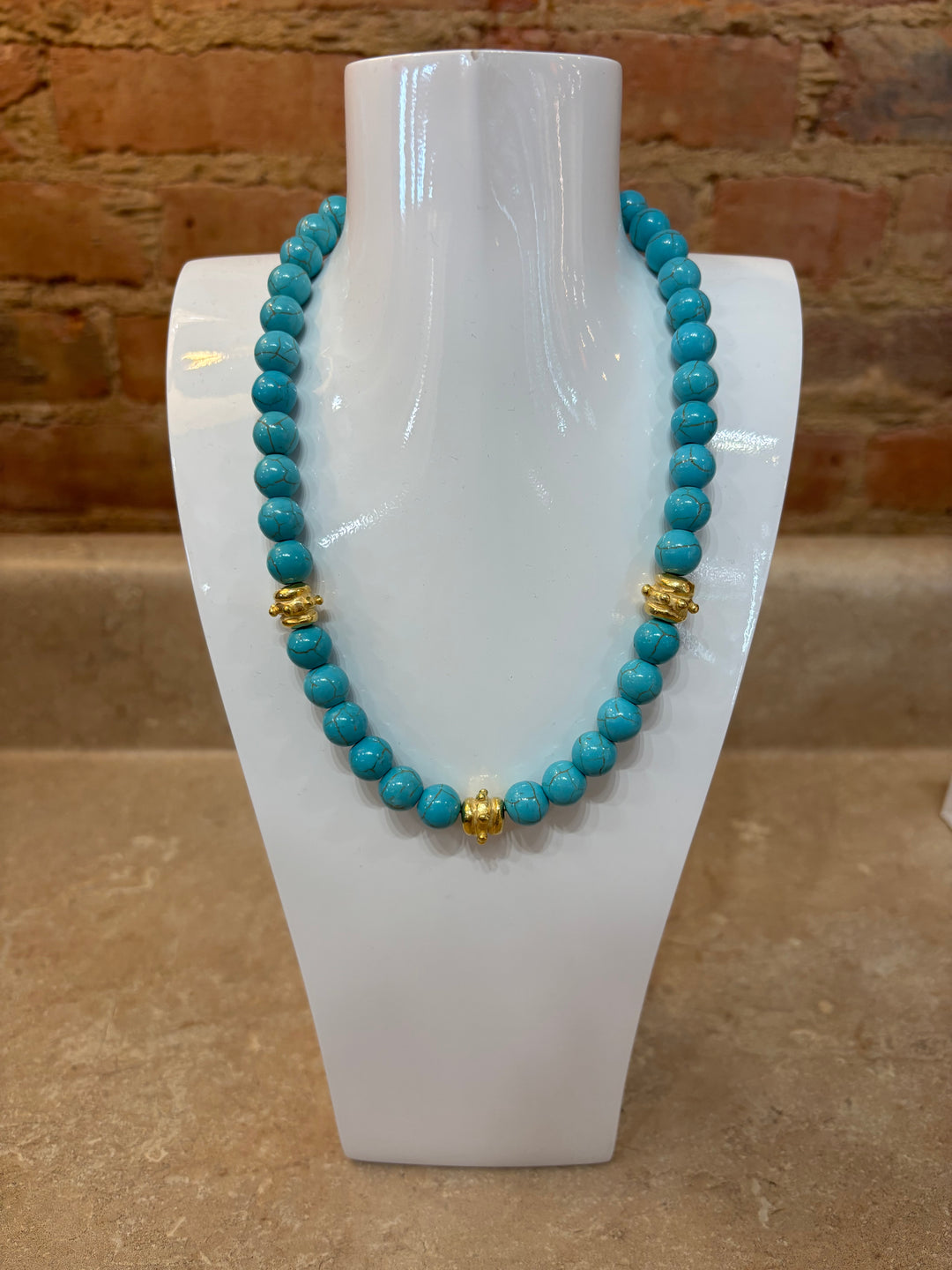 Susan Shaw Gold Beads + Blue Turquoise Chocker Necklace