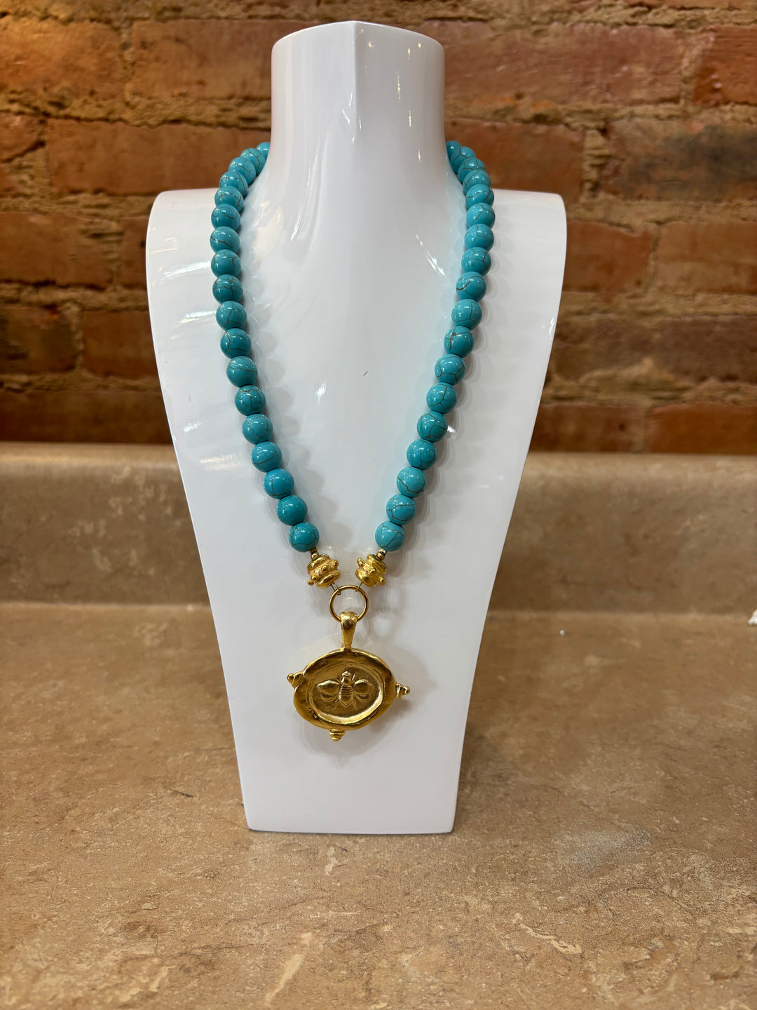 Susan Shaw Gold Bee + Turquoise Necklace