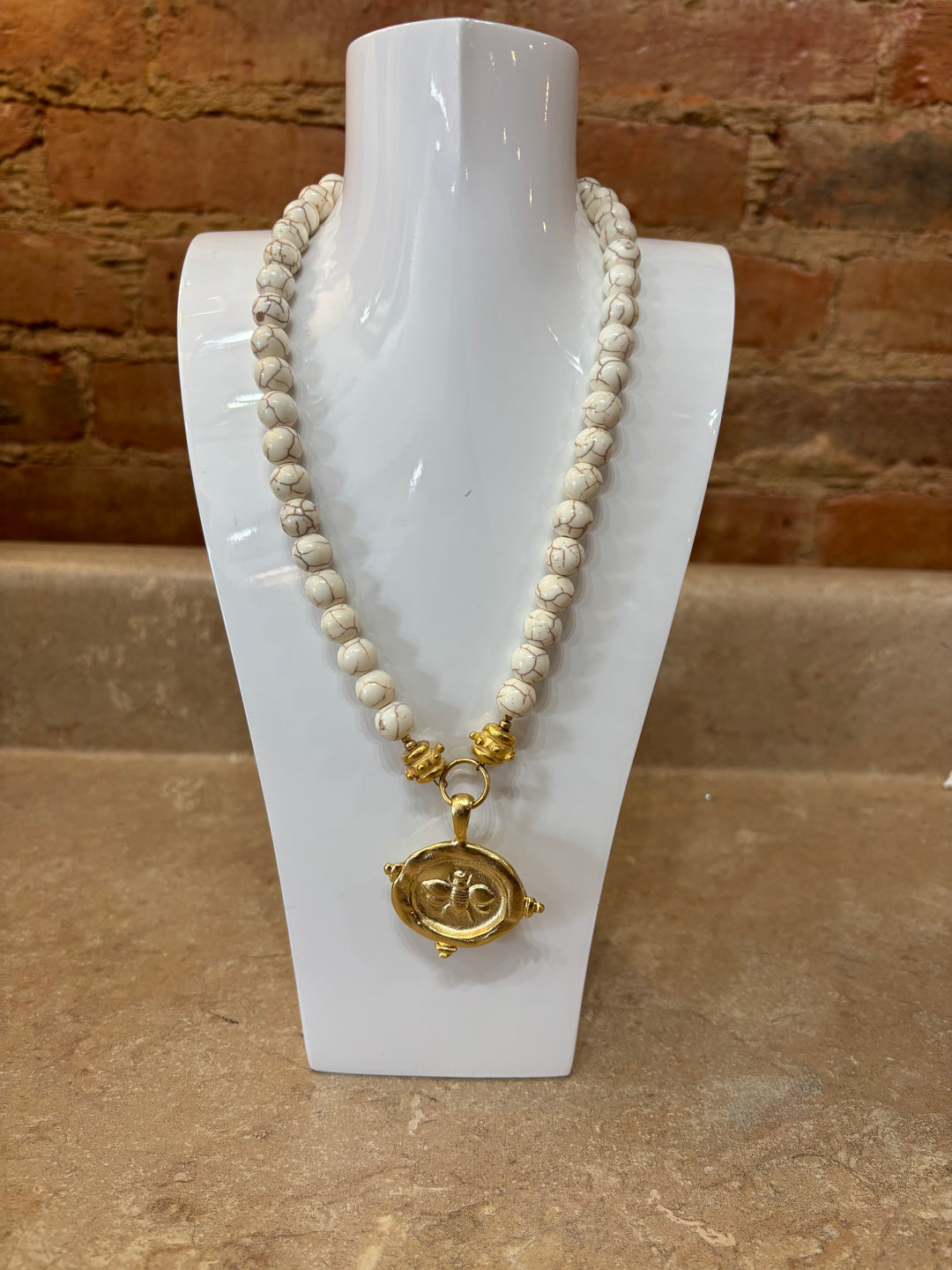 Susan Shaw Gold Bee + White Turquoise Necklace