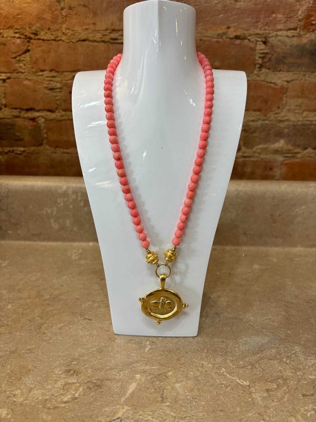 Susan Shaw Gold Bee + Pink Coral Necklace