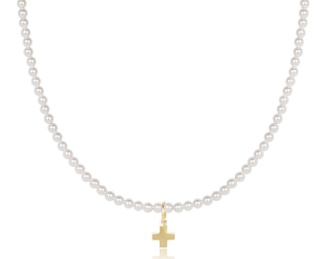 enewton 17"choker classic pearl 3mm bead - signature cross gold charm