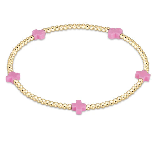 Enewton Signature Cross Small Gold Pattern 2mm Bead Bracelet- Bright Pink