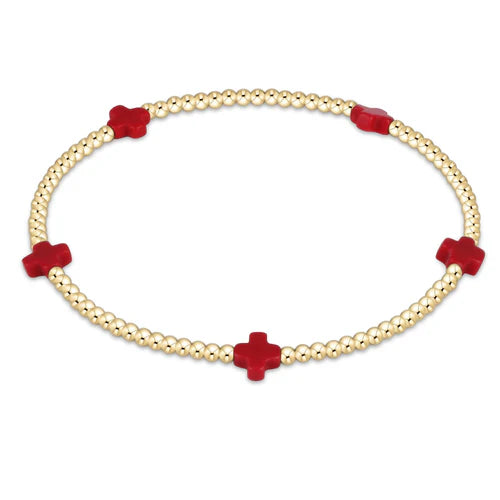 Enewton Signature Cross Small Gold Pattern 2mm Bead Bracelet- Red