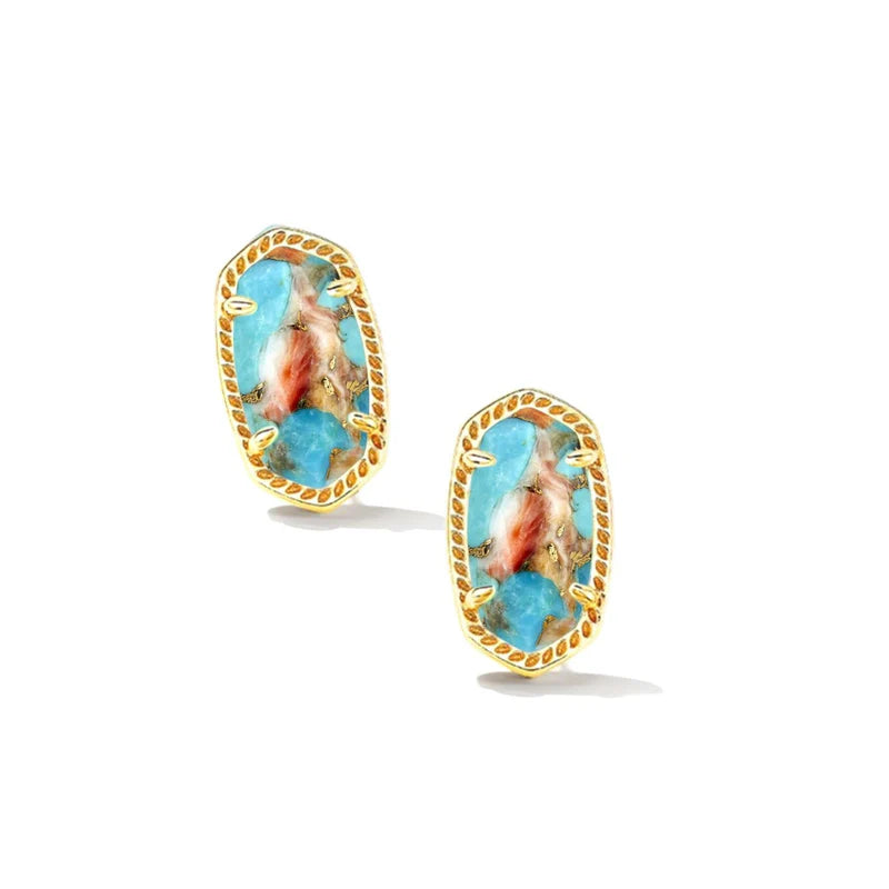 Kendra Scott Ellie Stud Earrings in Gold Bronze Veined Turquoise Magnesite Red Oyster