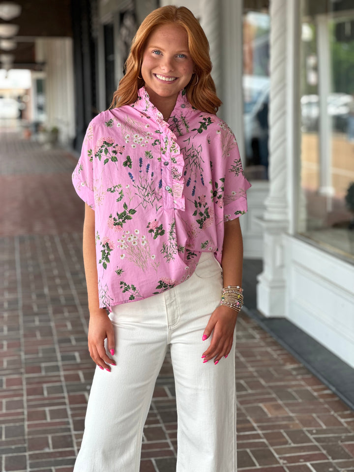 Pink Floral Print Short Sleeve Top