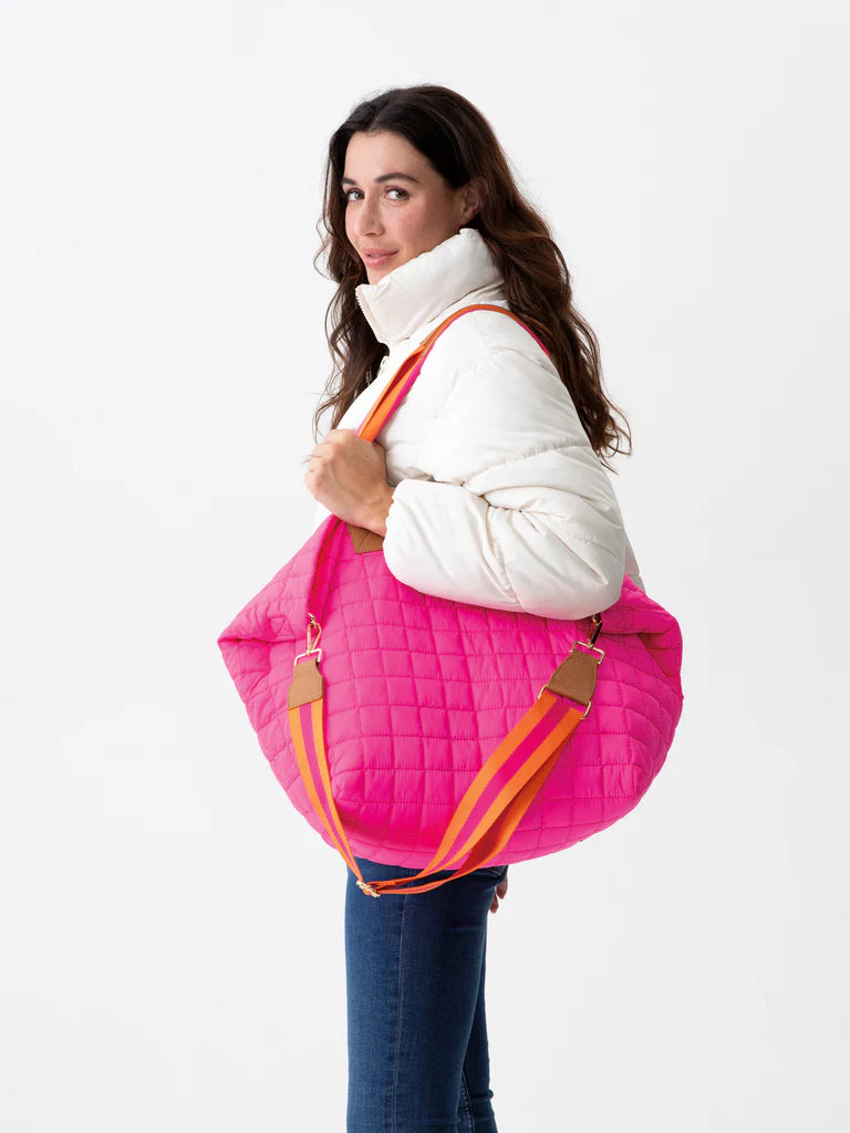 Ezra Quilted Nylon Travel Tote in Magenta Pink