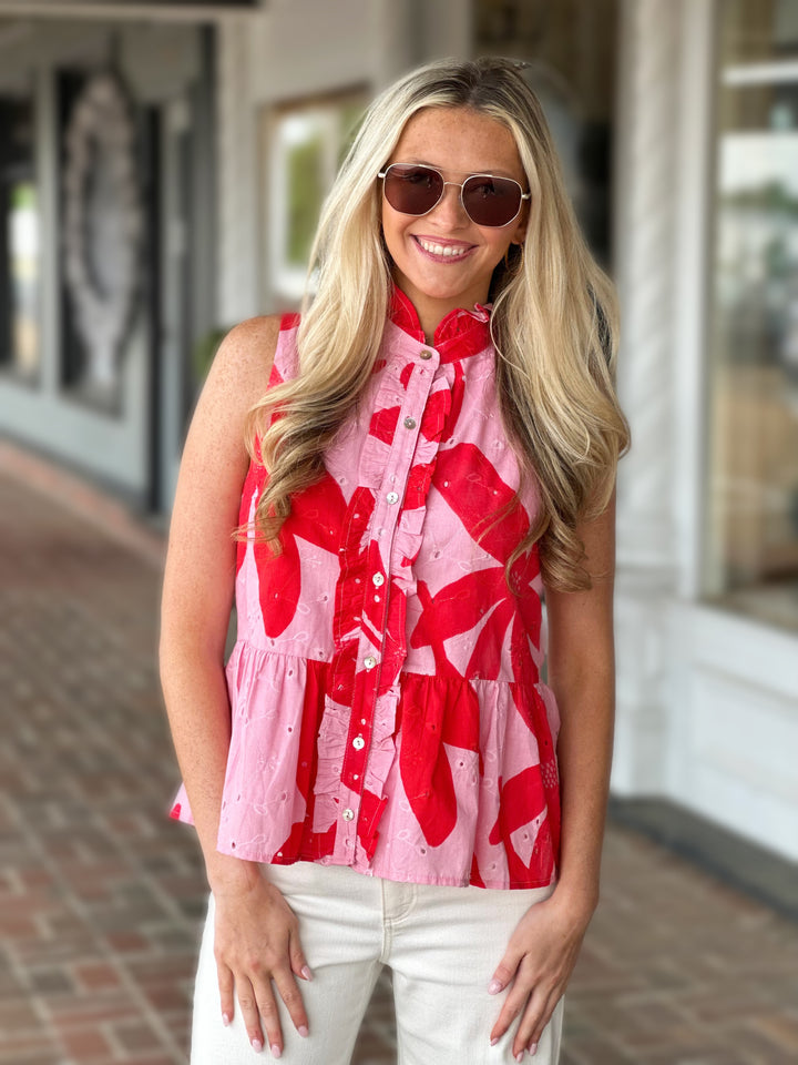 Pink Botanical Print Sleeveless Peplum Top
