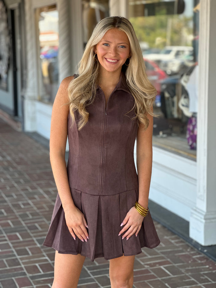 Chocolate Suede Mini Dress in Brown