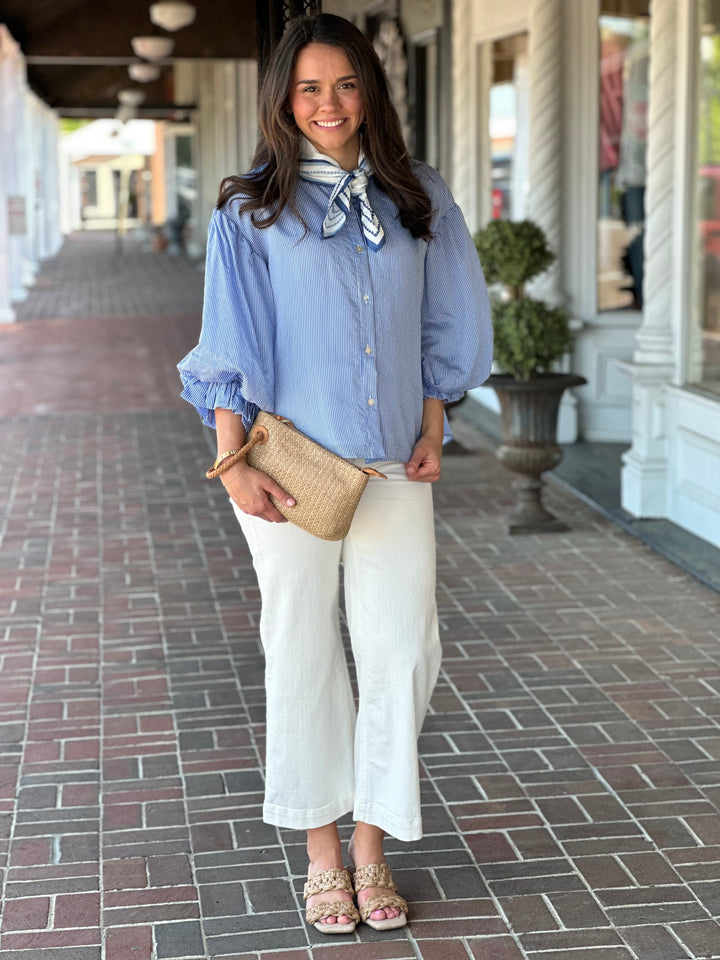 Blue Pinstripe Bubble Sleeve Top
