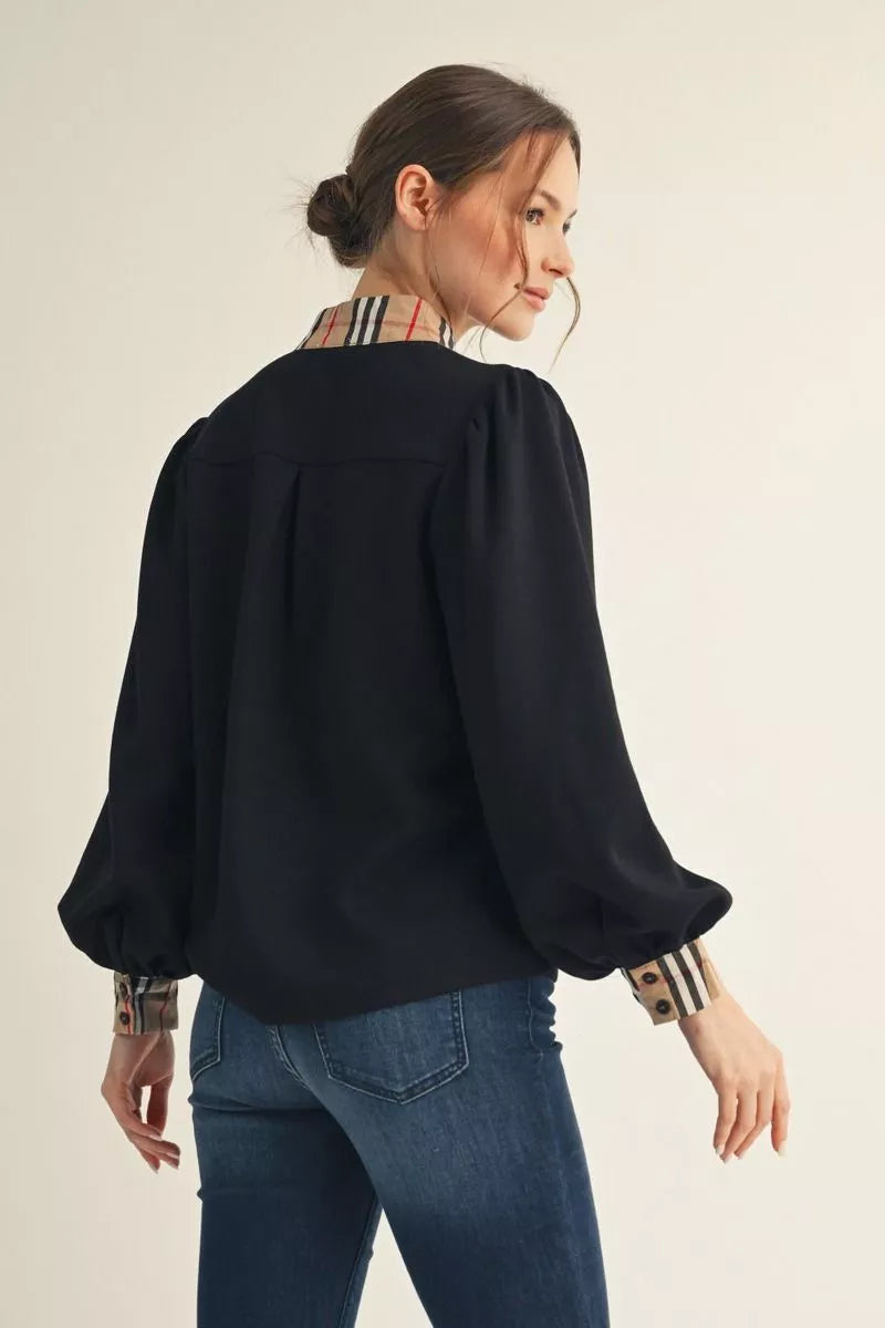 Plaid Collared Black Top