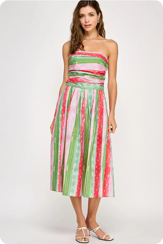 Tube Pleated Print Long Dress