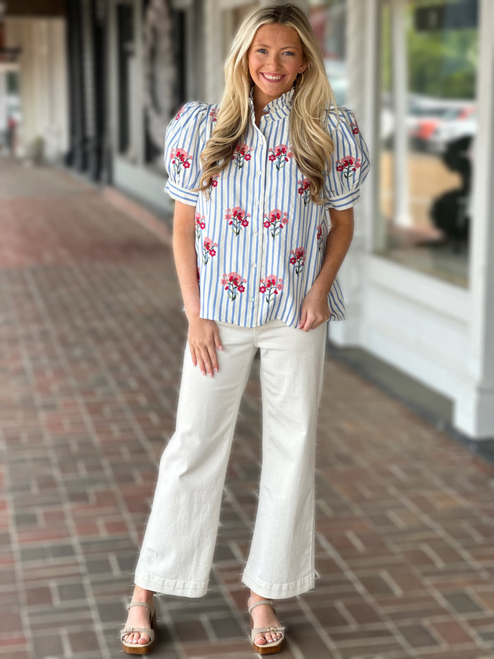 Blue Floral Striped Short Puff Sleeve Top