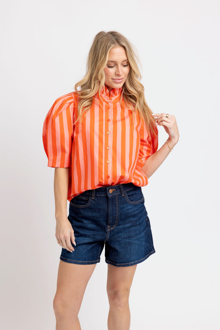 Coral Stripe Button Down Top