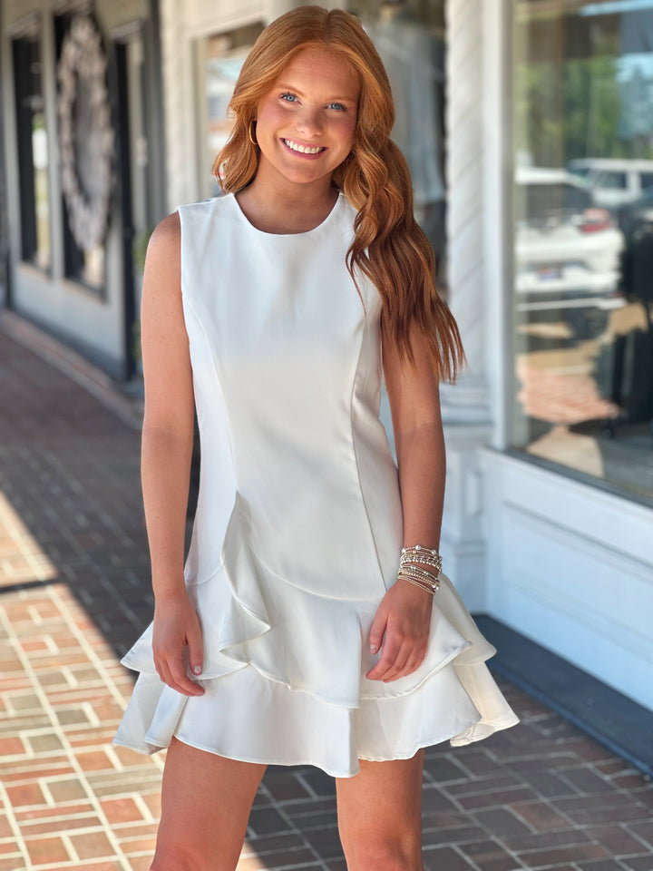 White Fitted Bodice Layered Ruffle Skirt Mini Dress