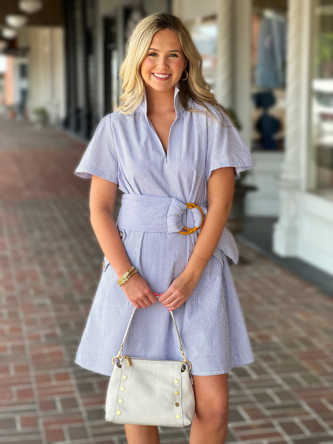 Holly Shae Brooke Dress in Blue and White Seersucker