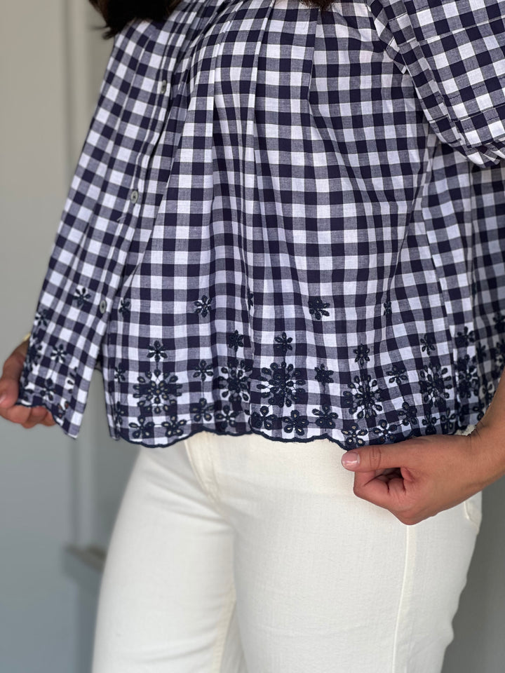 Abbie Gingham Puff Sleeve Top in Navy