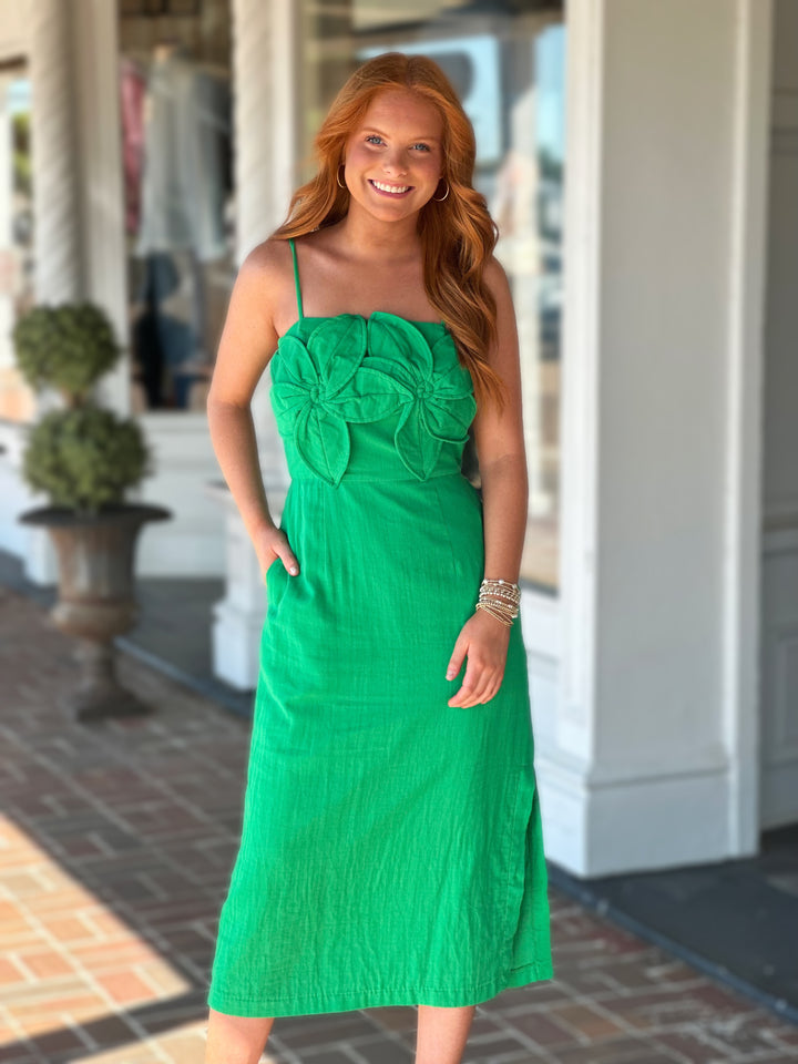 Green 3d Floral Appliqué Midi Dress
