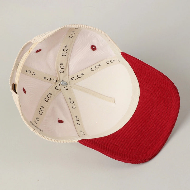 Santa's Favorite Glitter Text 5 Panel Corduroy Cap in Red