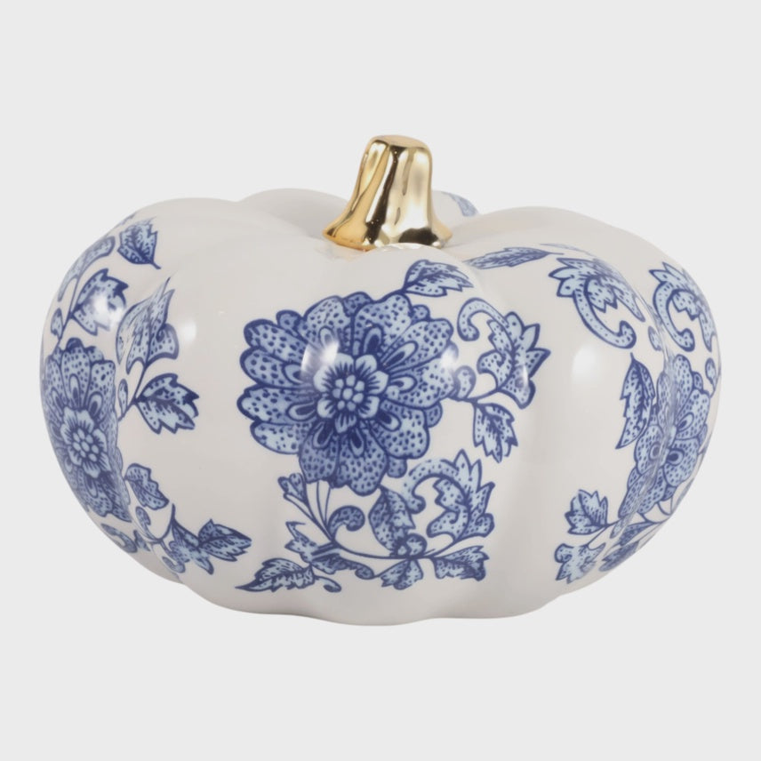 Decorative Object - Blue Stoneware Chinoiserie Pumpkin, 5 in