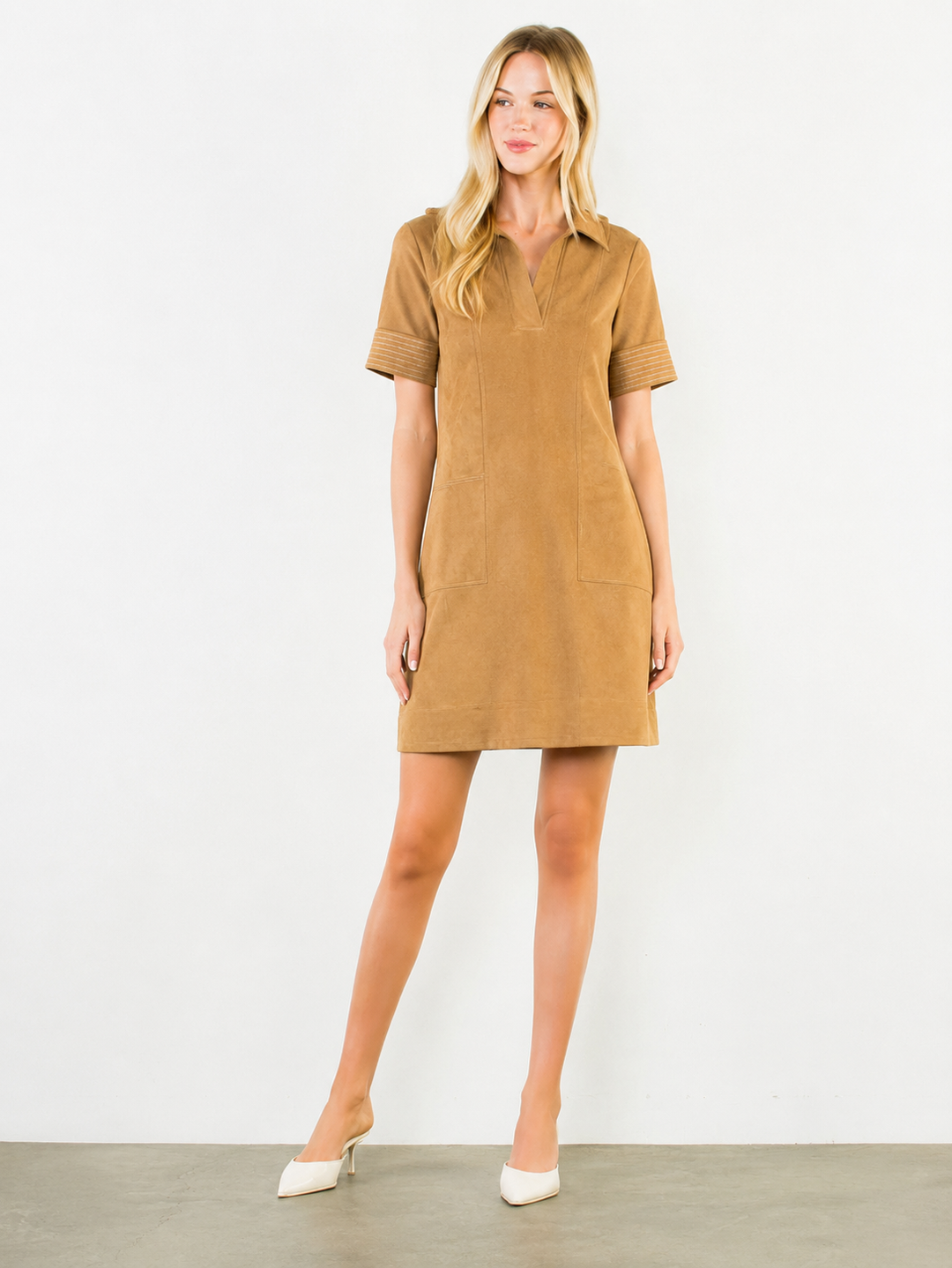 Collared Short Suede Dress in Camel