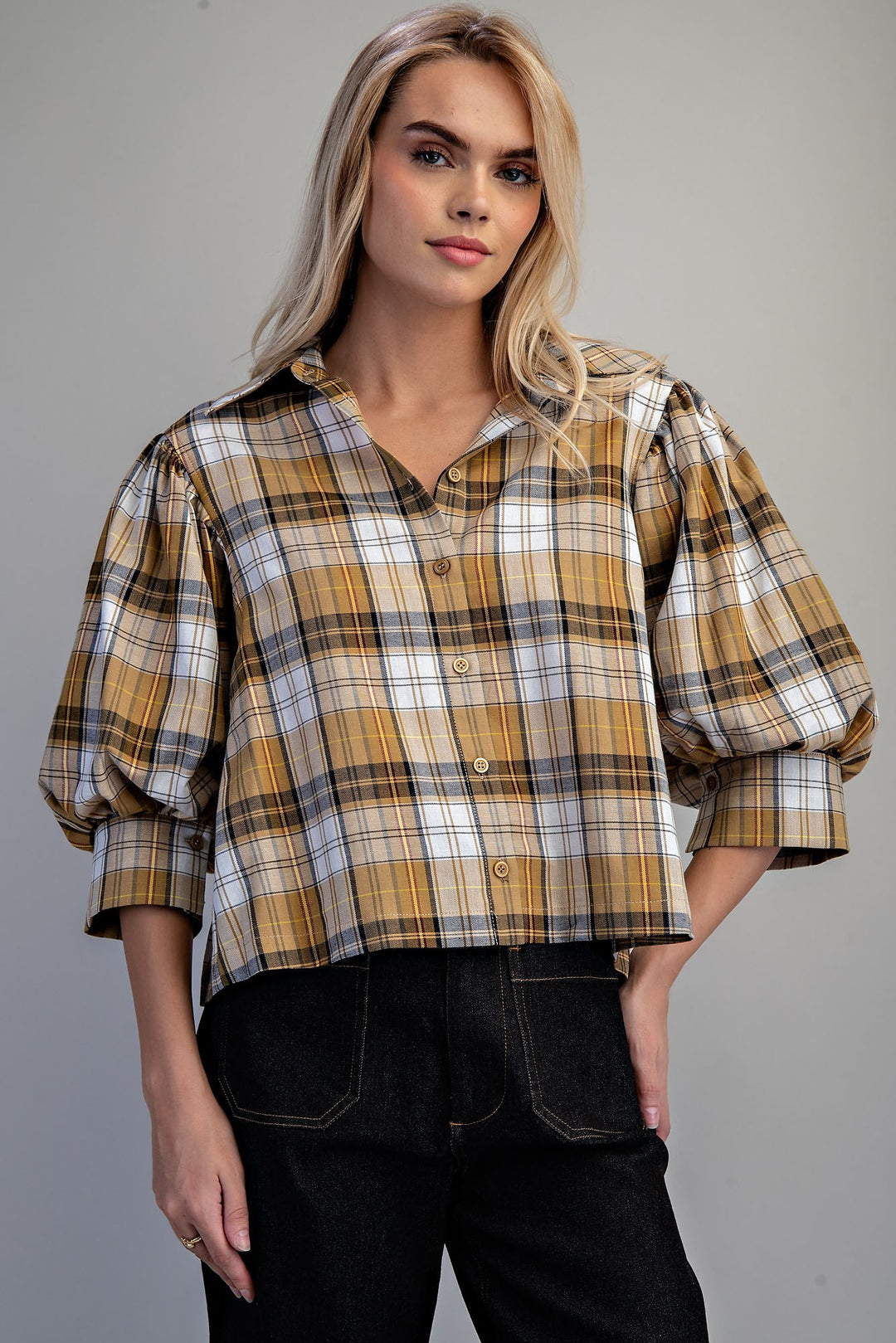 Plaid Puff Sleeve Button Down Top in Honey Amber