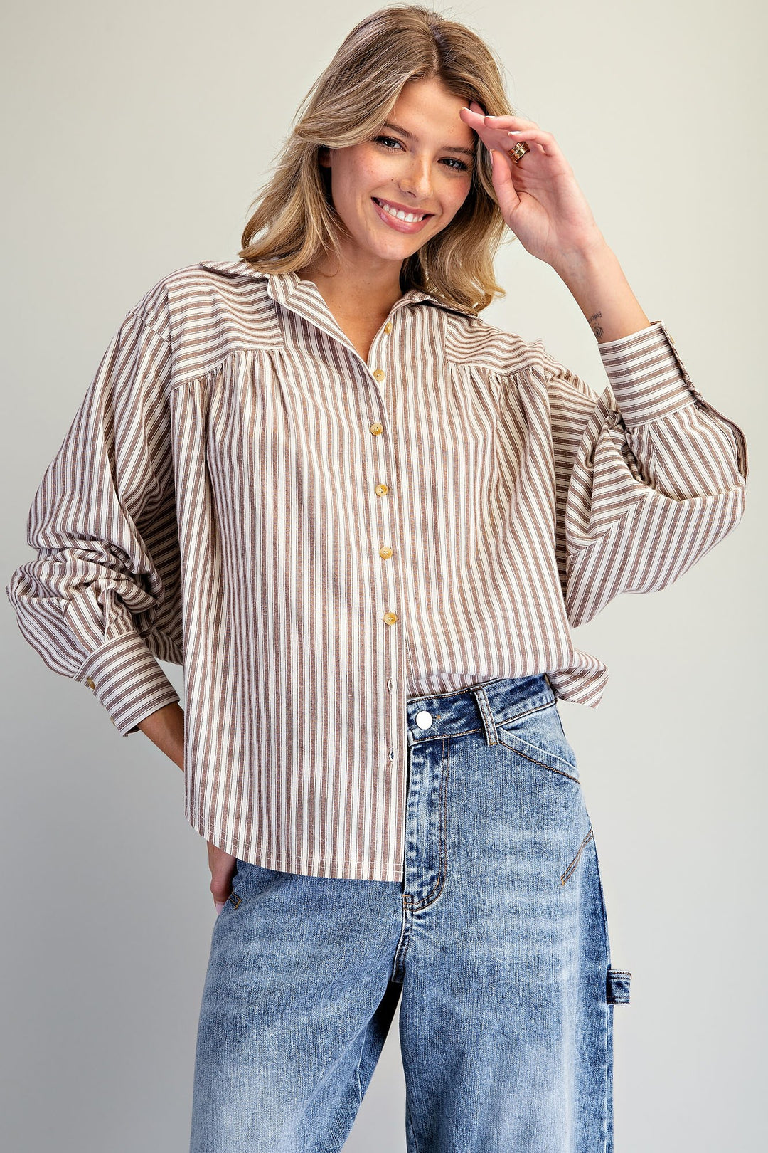 Soft Washed Striped Dolman Sleeve Blouse in Mocha Latte