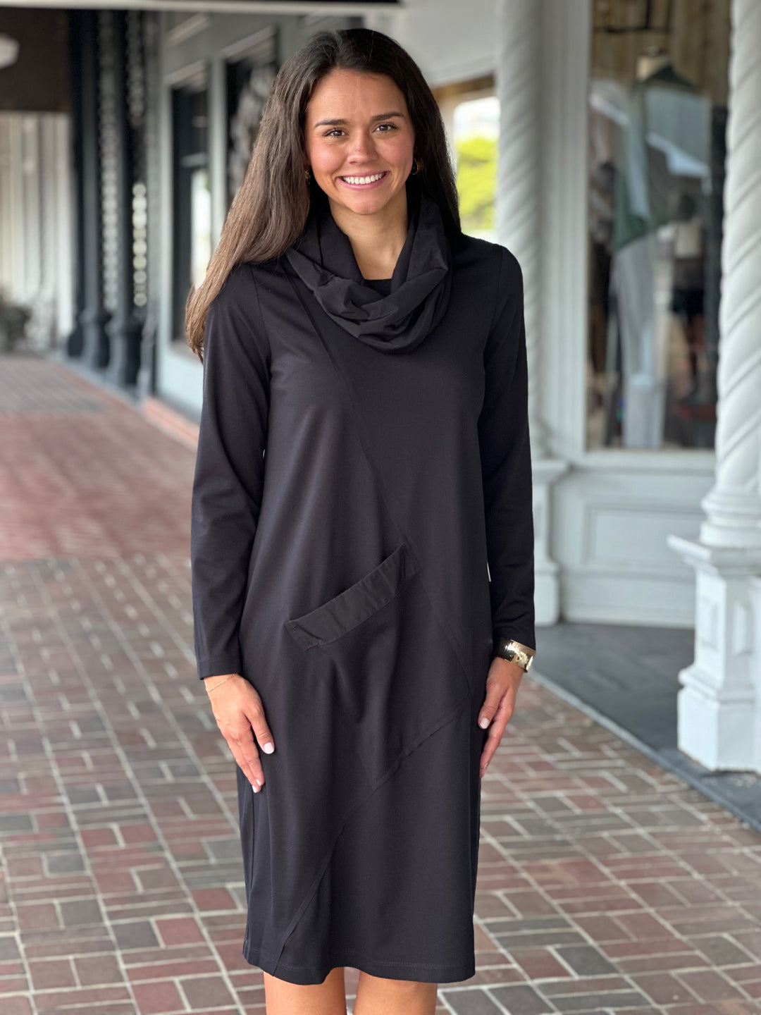 Perre Classic Pullover Cowl Neck Black Pocket Dress