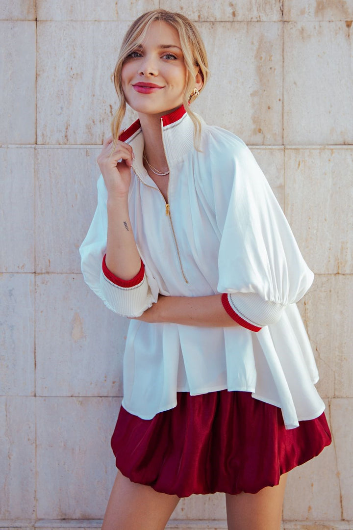 Mock Neck Band Puff Sleeve Blouse in White