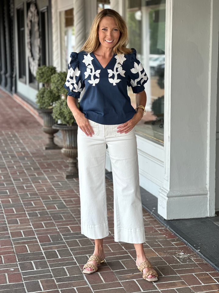 Navy Puff Sleeve Top