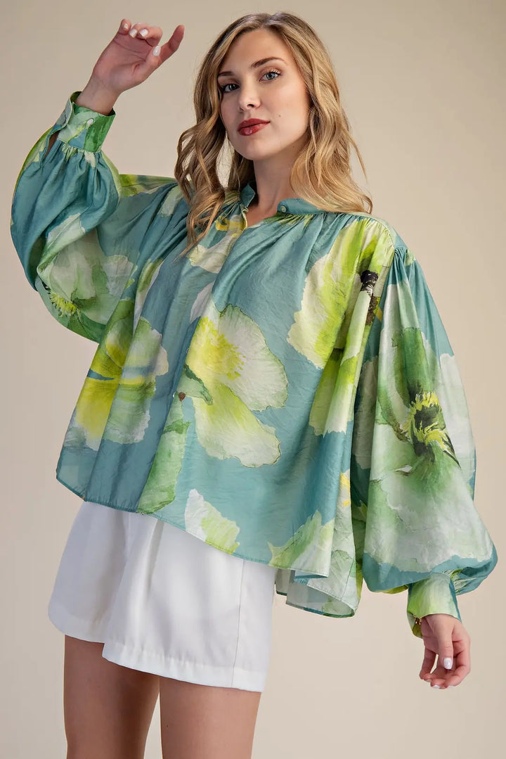 Just Roll With It Green Floral Top