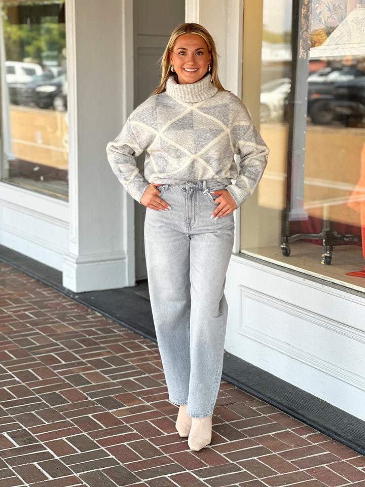 Dusty Blue Pattern Turtle Neck Sweater