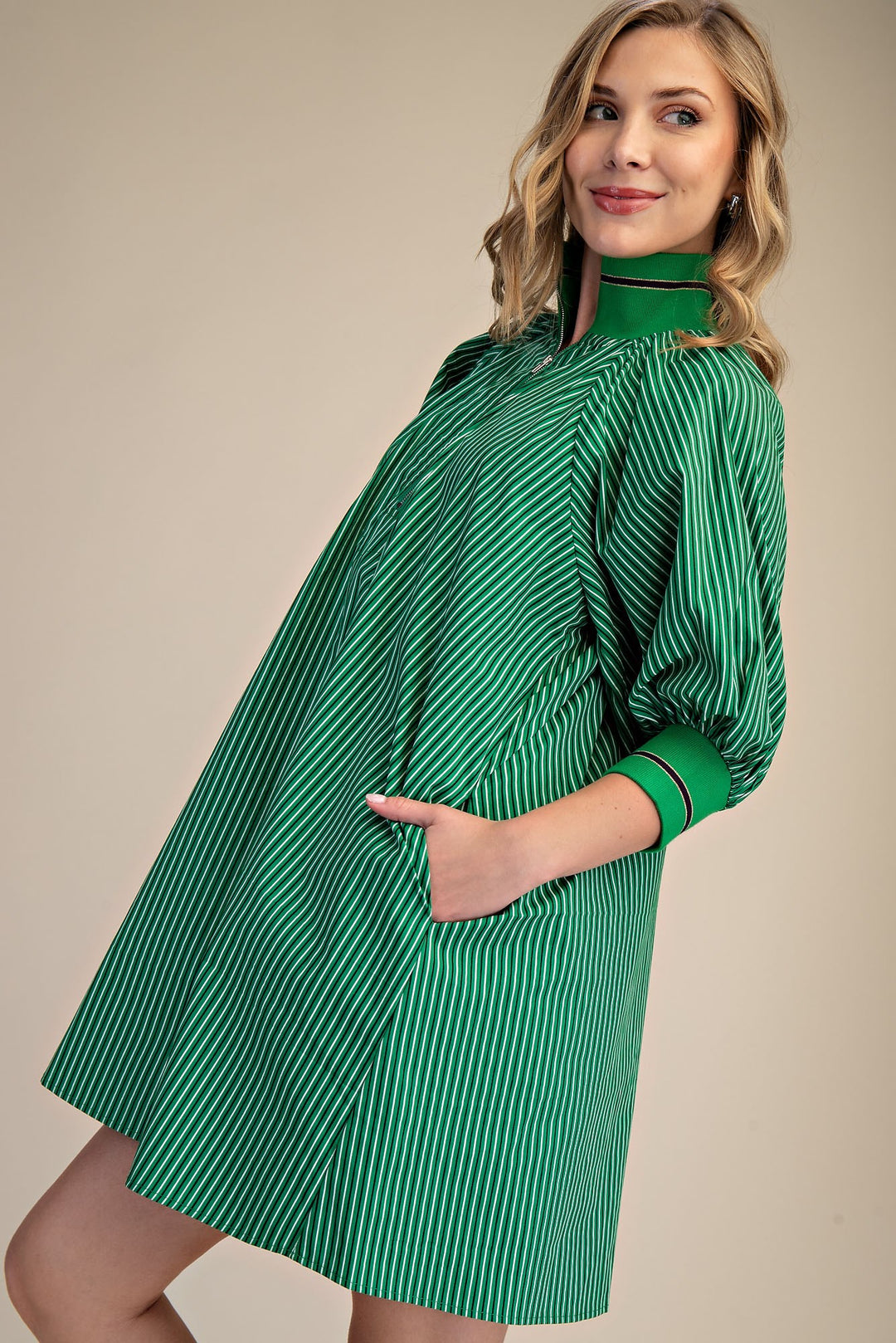 Mock Neck Band Puff Sleeve Mini Dress in Kelly Green