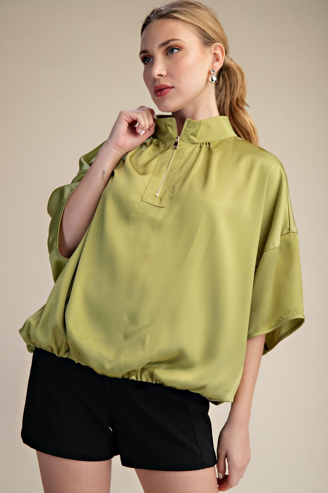 Chartreuse Green Zip Satin Top