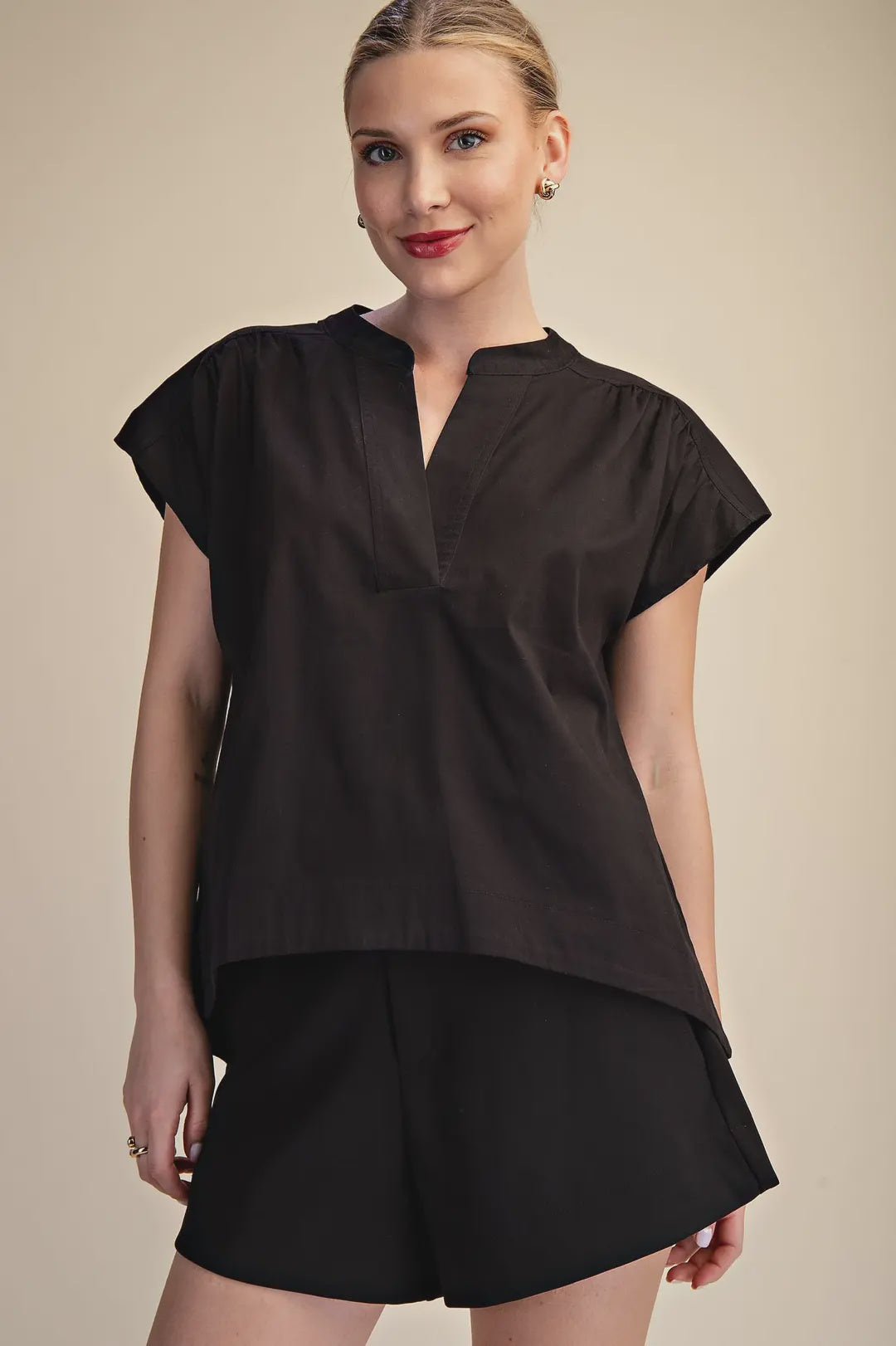 Black V-Neck Drop Cap Sleeve Top